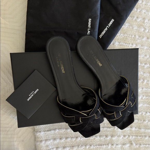 Saint Laurent Shoes - Saint Laurent Triumph Black Suede Slide Sandals with Gold Piping 38.5